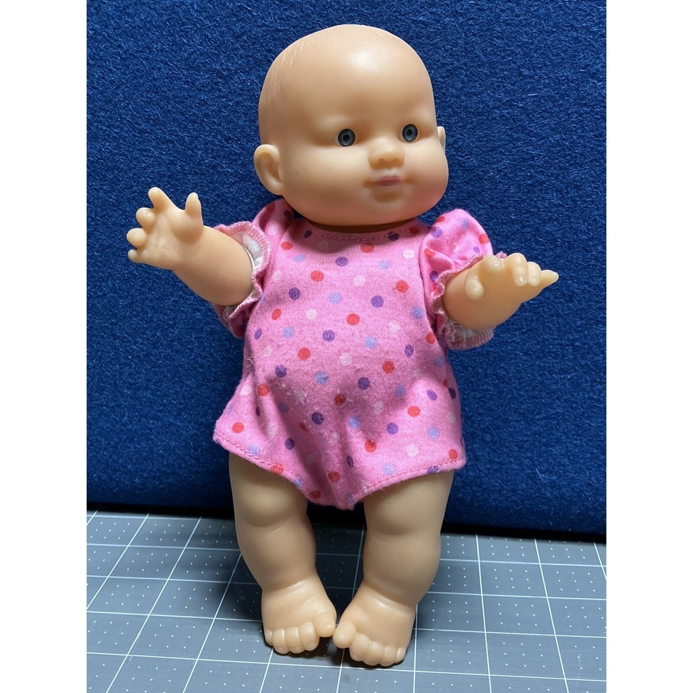 UNEEDA 9" Doll Baby Plastic Dolgen Bald Blue Eyes Pink Polka Dot Romper